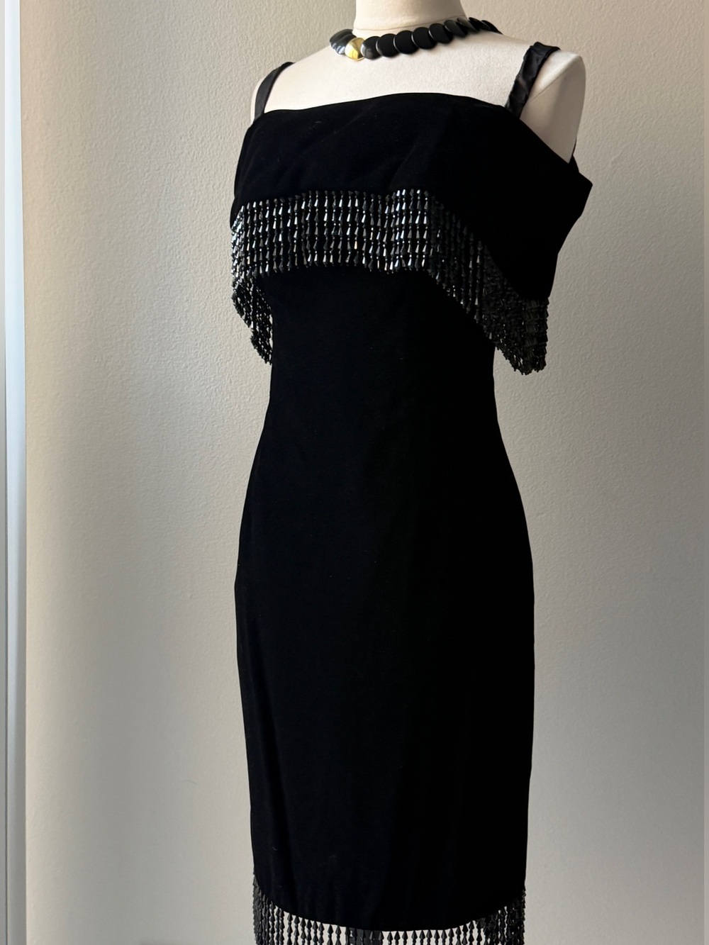 Vintage Victor Costa Black Beaded Fringe Cocktail Dress